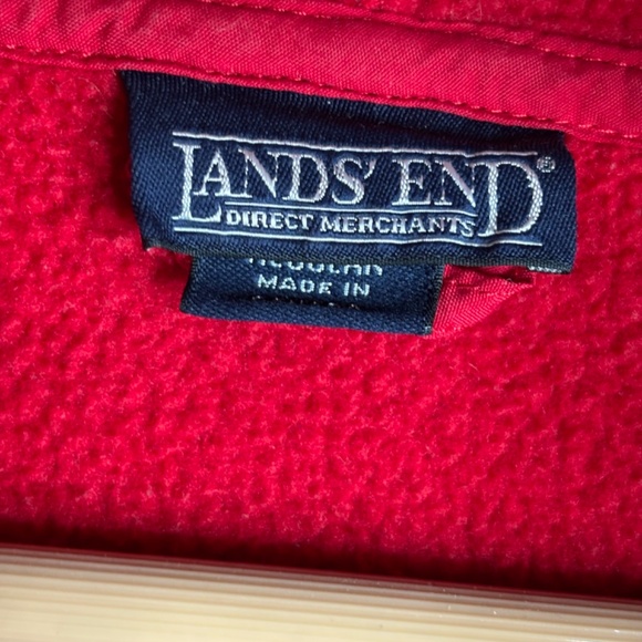 VTG 90s Lands End Red Fleece Hooded Jacket L Long Full Zip Pockets Fall Cabin - Picture 5 of 11